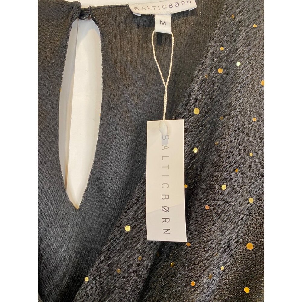 Baltic Born Abigail Sparkle Gown Black Gold Sequins Semi Sheer V Neck Medium New - Picture 8 of 14
